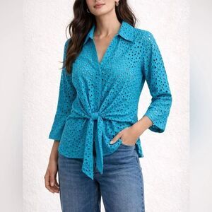 Mishca Turquoise Eyelet Tie Front Blouse Cotton Collared Top Size S